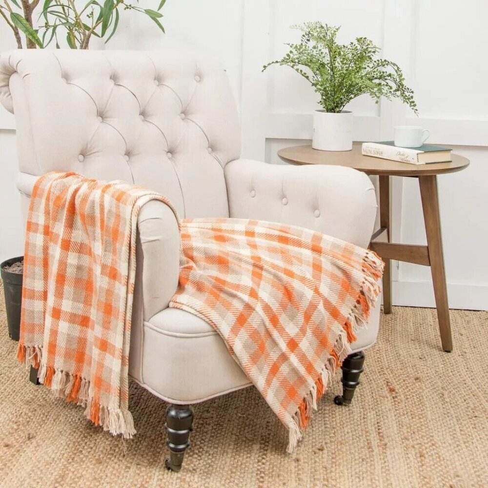 Dunmore Plaid Pumpkin Orange Plaid Woven Accent Throw Blanket